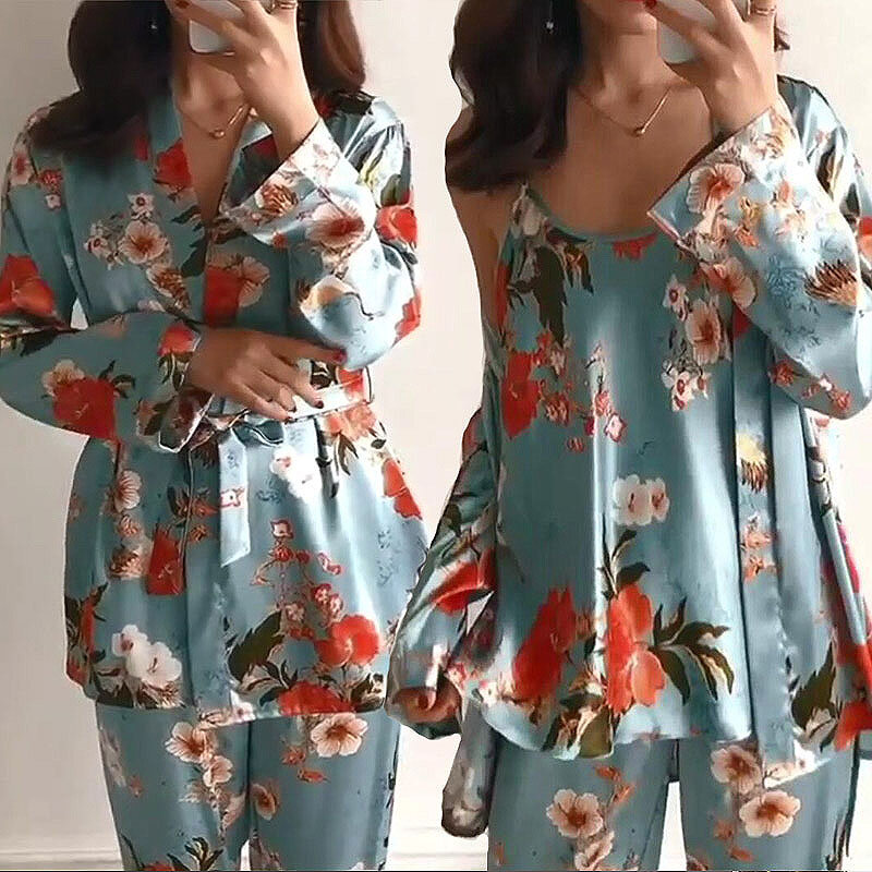 3Pcs Vrouwen Pyjama Set Dame Emulatie Zijden Pyjama Sets Bloem Nachtkleding Vrouwelijke Luipaard Satijn Homewear Met Uitneembare