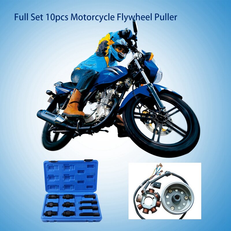 10 pçs universal motocicleta volante extrator puxando ferramenta conjunto completo para a maioria das motos da sujeira atvs