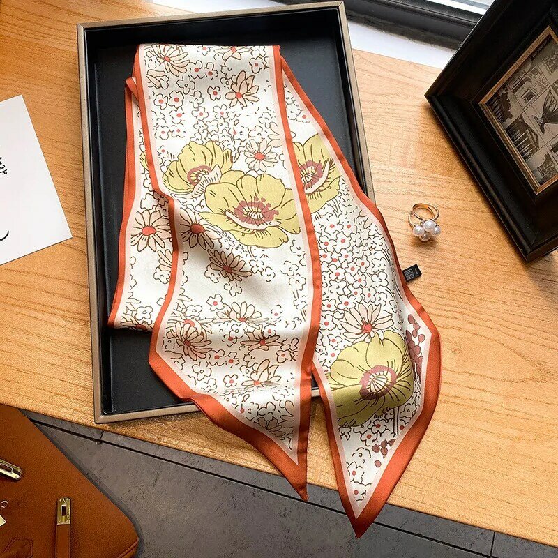Женский шелковый шарф с принтом, тонкая Сумочка, шарфы, Женский галстук на запястье с лентой, шейный платок для девушек, женский платок 15*150 с...