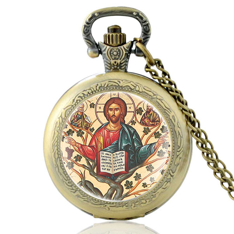Antyczny prawosławny kościół prawosławny zegarek kieszonkowy z brązu Vintage Men naszyjnik damski z wisiorkiem biżuteria prezenty