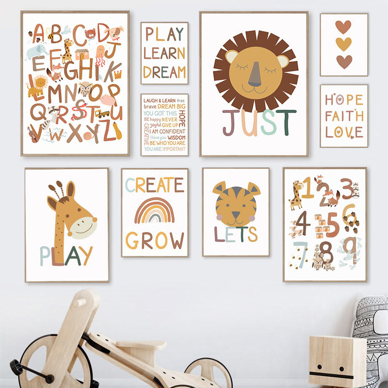 Pintura en lienzo del alfabeto con números para niños y bebés, póster nórdico con dibujo de jirafa, arte educativo para pared, decoración para habitación infantil
