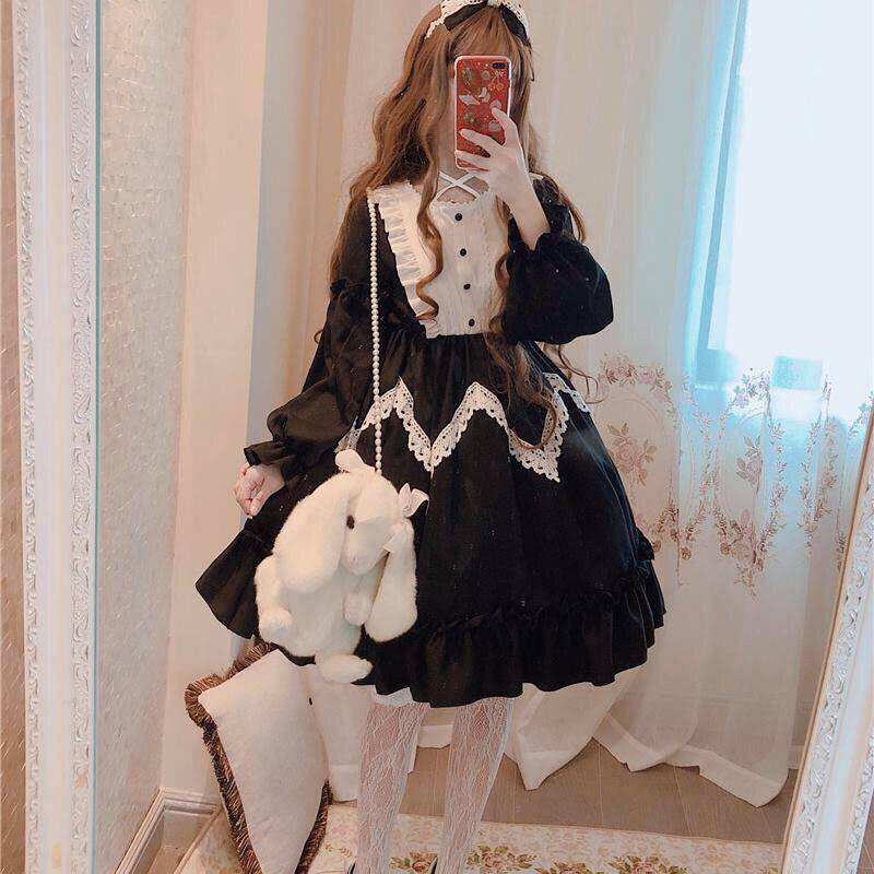Vestido de Lolita gótico japonés para mujer, vestido de princesa de palacio Kawaii con lazo de encaje, vestido dulce Vintage de fiesta renacentista, Cosplay