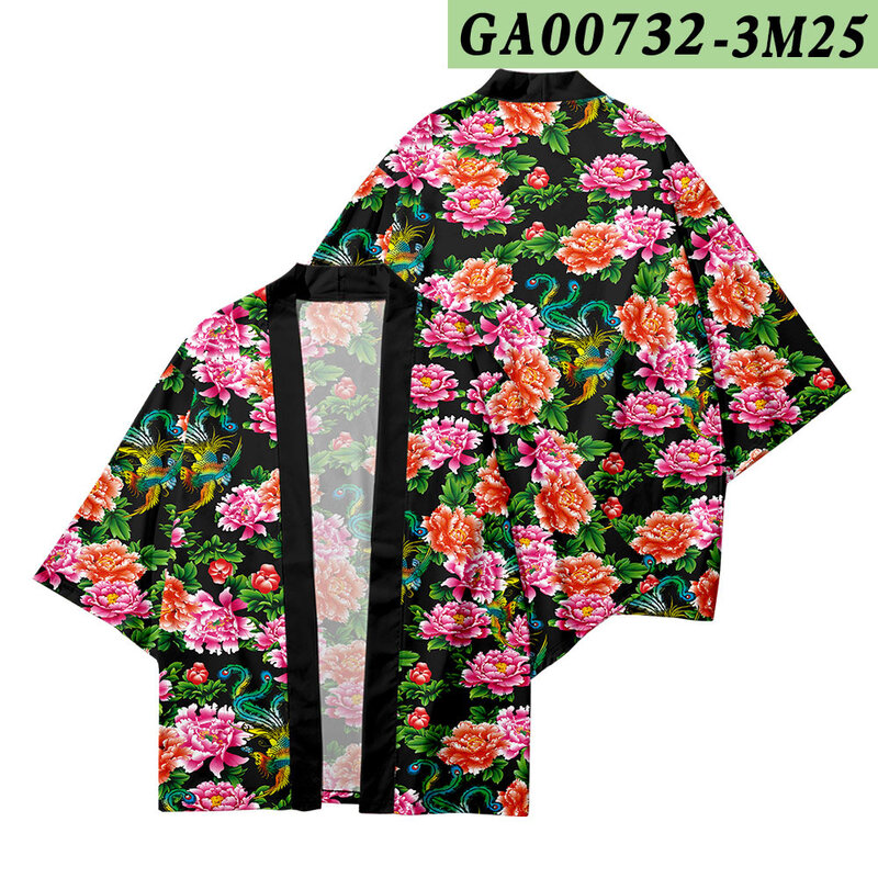 Kimono Jepang Kardigan Pria Kostum Samurai Pakaian Kimono Jaket dan Celana Pria Biru Bunga Cetak Kimono Kemeja Yukata Haori