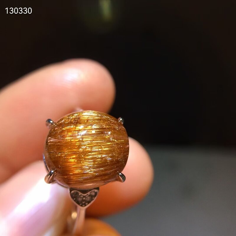 Echte Natuurlijke Copper Rutielkwarts Vrouwen Verstelbare Ring 925 Zilver 11.2/10.5Mm Ovale Bol Kralen Aaaaaa Echt