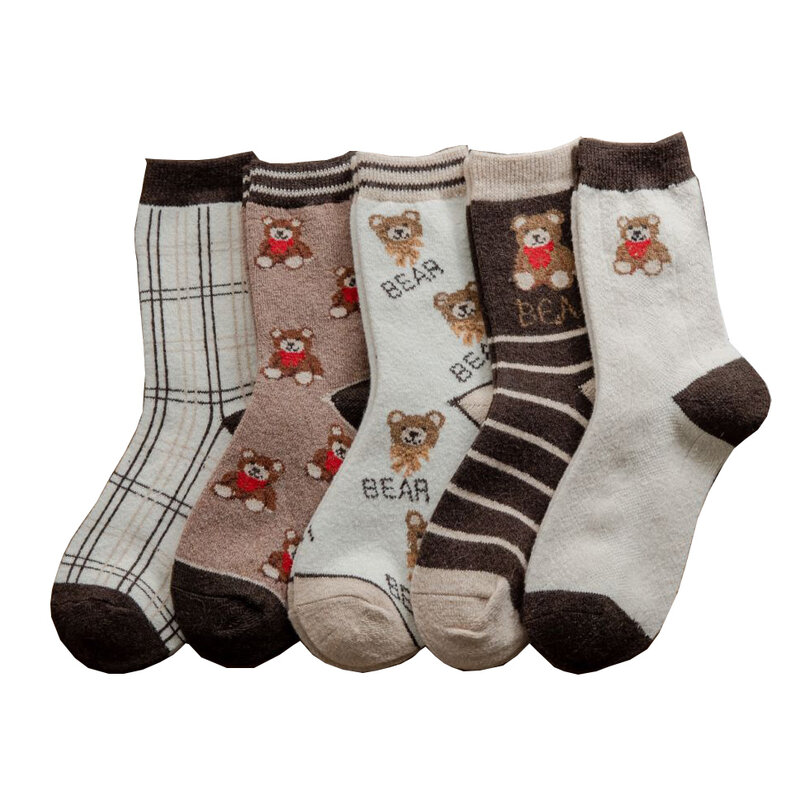 Calcetines bonitos de lana con estampado de oso para niña, calcetín cálido Kawaii de invierno, piel de conejo, suave, francés, de dibujos animados, color marrón