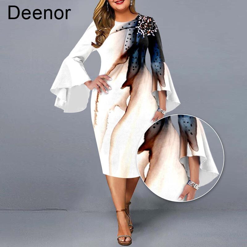 Deenor 5xl Plus Size Dresses for Women 2021 Autumn New Painting Sheath Dress Evening Outfits Elegant Wedding Party Dress