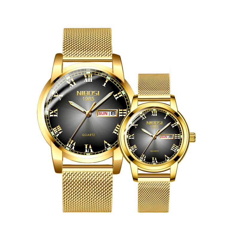 Часы наручные NIBOSI для пар, роскошные золотистые водонепроницаемые светящиеся кварцевые наручные, для влюбленных, подарок для пар