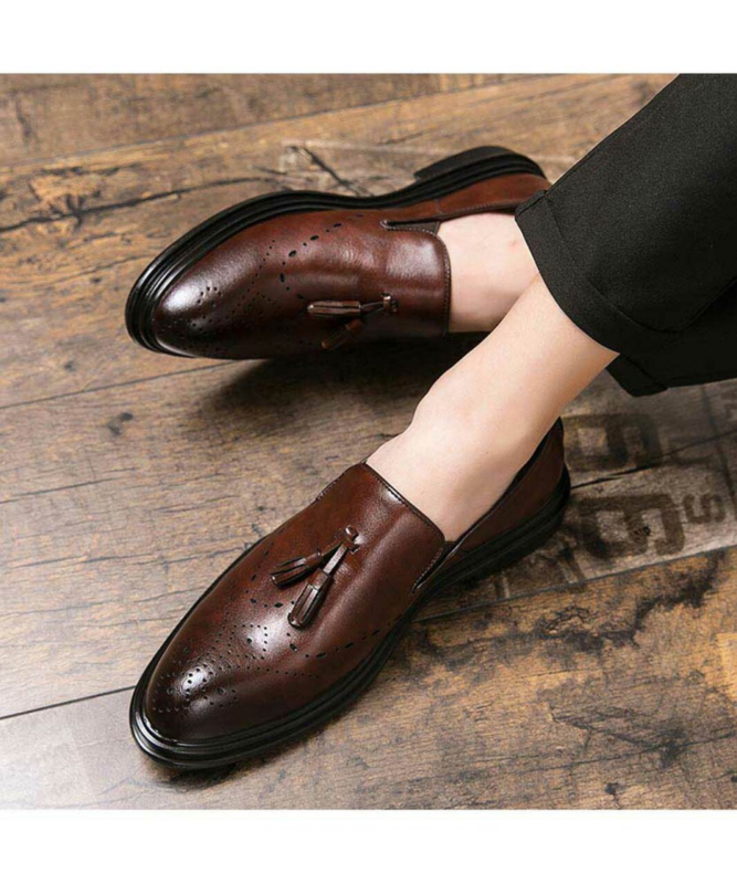 Masculino feito à mão plutônio marrom retro borla mocassins salto baixo confortável moda clássico negócios sapatos casuais zz094