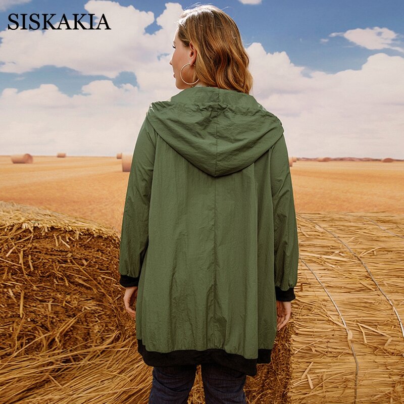Siskakia Plus Size Windbreaker Coat for Women Autumn Winter 2020 Hooded Zipper Up Long Casual Coat 5XL 4XL Solid Coffee Green