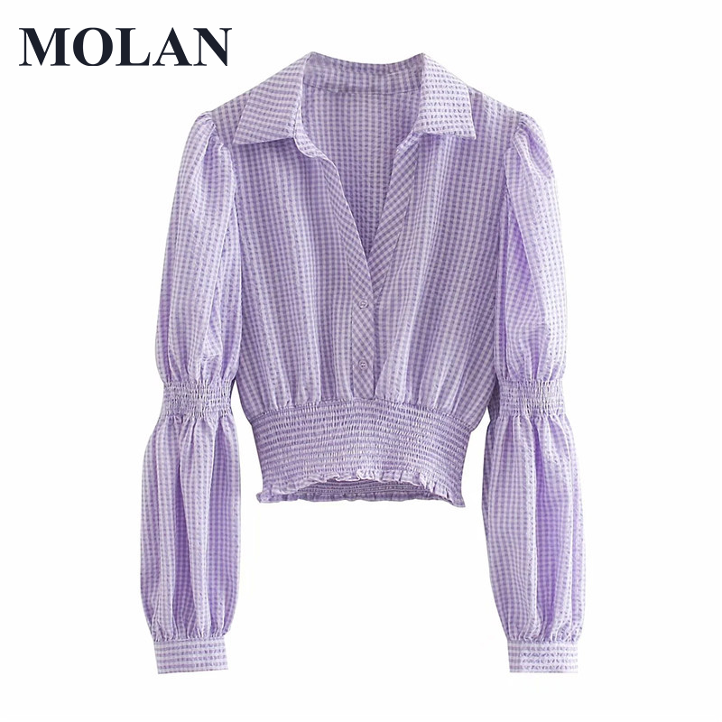 MOLAN Französisch Frau Kurze Bluse Mode Plaid Vintage Lange Sleeve2021 Neue Casual Shirt Weibliche Revers Chic Bluse
