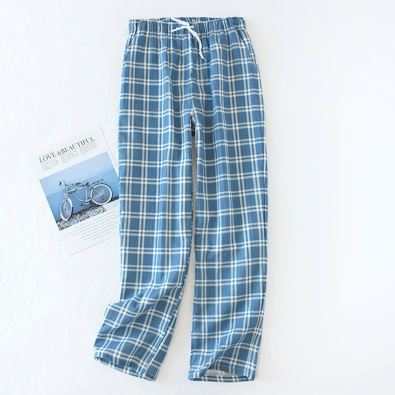 Men&#39;s Cotton Gauze Trousers Plaid Knitted Sleep Pants Woman Pajamas Pants Bottoms Sleepwear Short for Couples Pijama Hombre