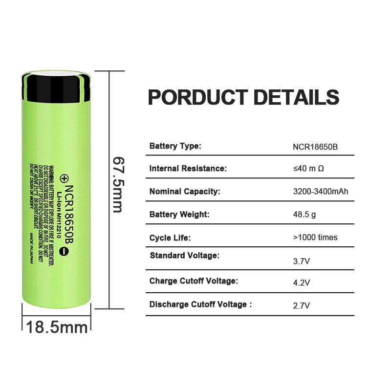 Novo 100% original 18650 bateria ncr18650b 3.7v 3400mah bateria de lítio recarregável para baterias de lanterna (sem pcb)