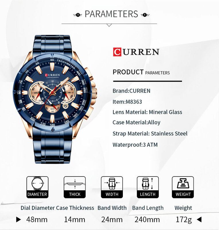 CURREN — Montre-bracelet à quartz de luxe pour homme, accessoire de sport, avec chronographe, en acier inoxydable, style business