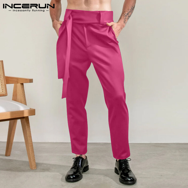 สไตล์ใหม่ผู้ชาย Pantanons หลวม Comeforable Streetwear สไตล์ Party แสดงกางเกงชาย Lace-Up สีทึบกางเกง S-5XL 2021