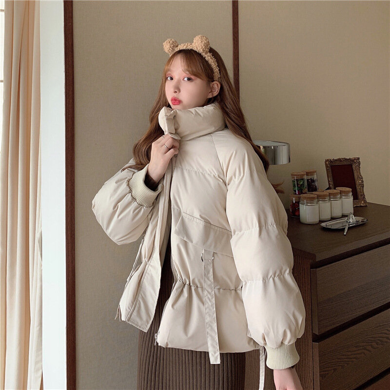 Abrigo de algodón para mujer, abrigo suelto de primavera y otoño con encaje de cintura controlada, estilo coreano, invierno, 2021