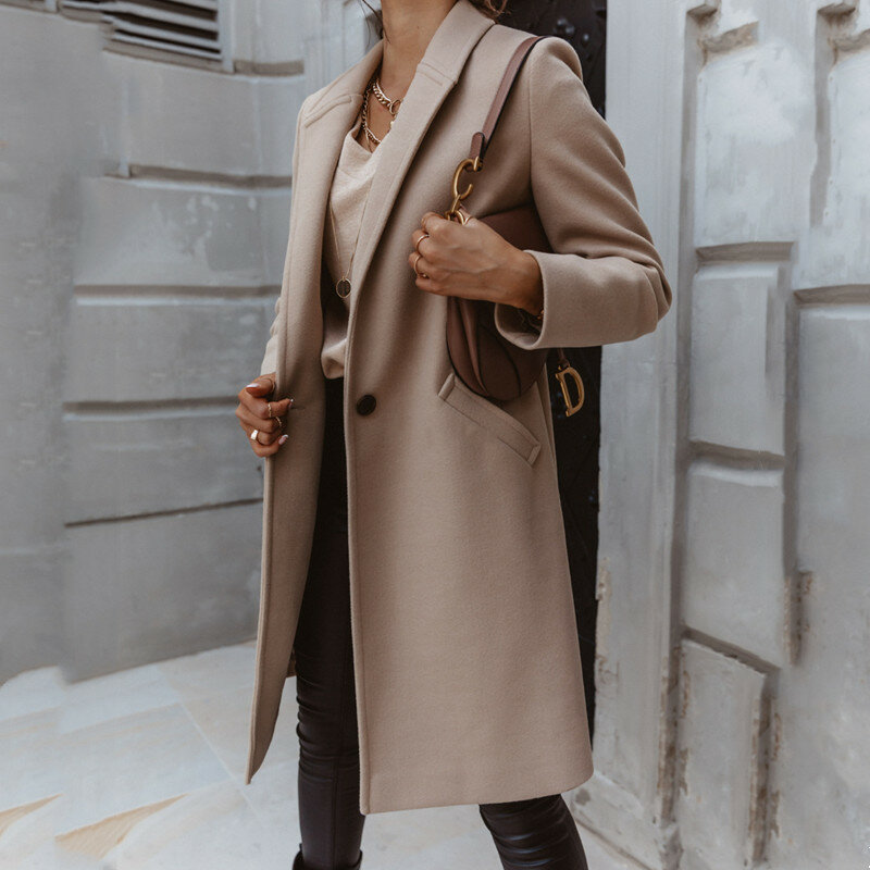 Abrigo largo ajustado para mujer, abrigo de una botonadura, moda de otoño e invierno, abrigo de talla grande
