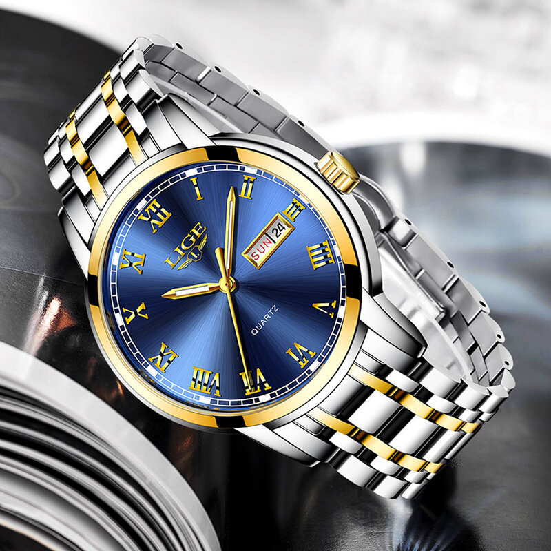 Lige腕時計メンズファッションスポーツクォーツフルスチールゴールドビジネスメンズ腕時計トップブランドの高級防水時計レロジオmasculino