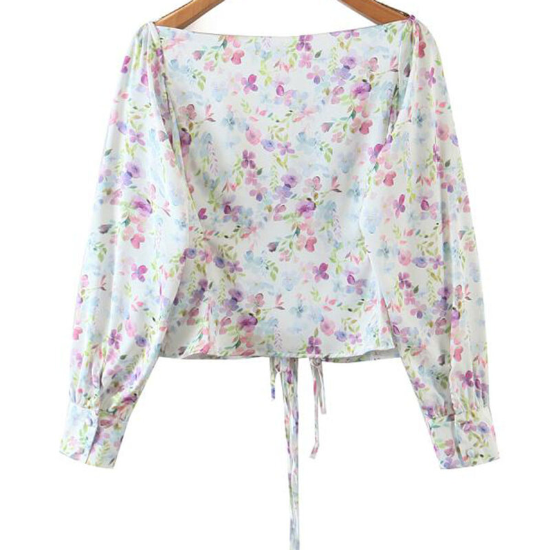 Blusa de manga larga con cuello cuadrado para mujer, blusas de estilo coreano para chicas, blusas elegantes con estampado Floral de retales, 2021
