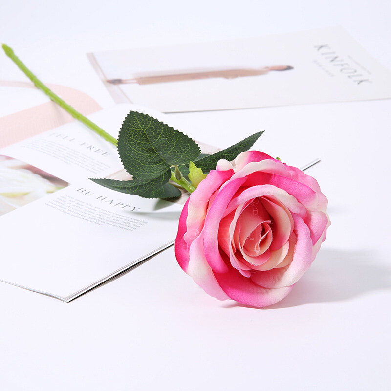 Franela individual de rosa de imitación, rosa roja europea, flores artificiales para decoración del hogar, novia de boda