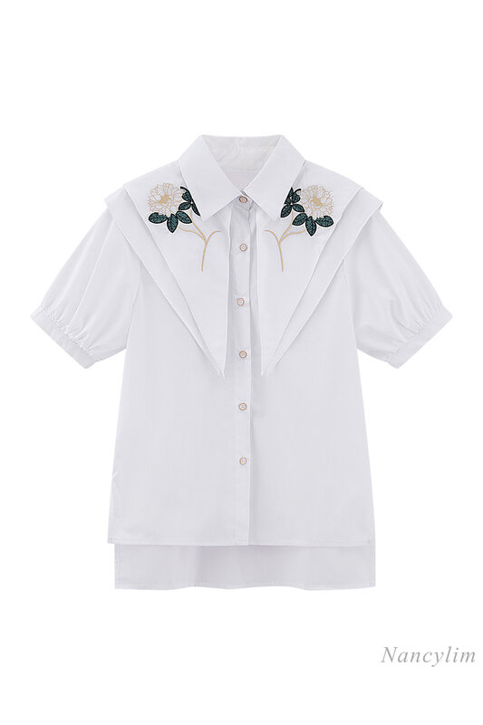 Bordado flor peter pan colarinho camisa de manga curta para as mulheres 2021 roupas verão novo solto branco topo blusa mujer