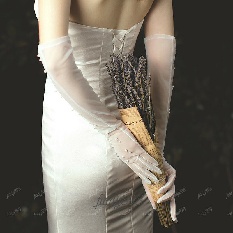 Elegante curto feminino pérolas de noiva luvas de casamento para noiva tule luvas acessórios de casamento gant mariage femme