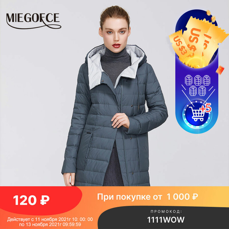 MIEGOFCE-Chaqueta de algodón para mujer, abrigo resistente al viento, de longitud media, con cuello abotonado y capucha, novedad de 2021
