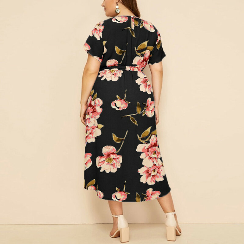 여성용 캐주얼 플러스 사이즈 o-넥 드레스, 짧은 소매 꽃 프린트 허리 스트랩 드레스
