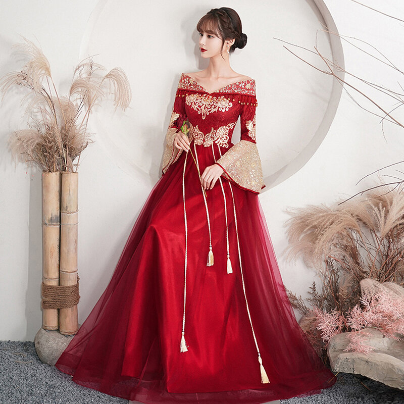 Robe de mariée chinoise pour femmes, rouge vin, Style fin d'été, Support personnalisé