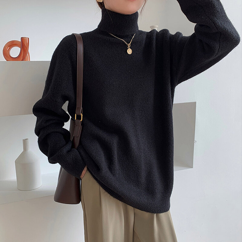 ผู้หญิงฤดูใบไม้ร่วงใหม่เกาหลีแฟชั่นคอเต่าถักเสื้อกันหนาวผู้หญิง Casual All-Match บาง Pullovers เรียบง่าย