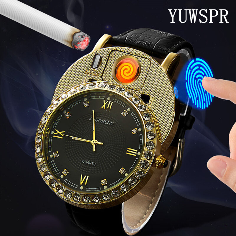 Sigarettenaansteker Horloges Mannen Quartz Horloge Usb Oplaadbare Luxe Diamond Dial Casual Horloges Mannelijke Klok JH391-1 1Pcs