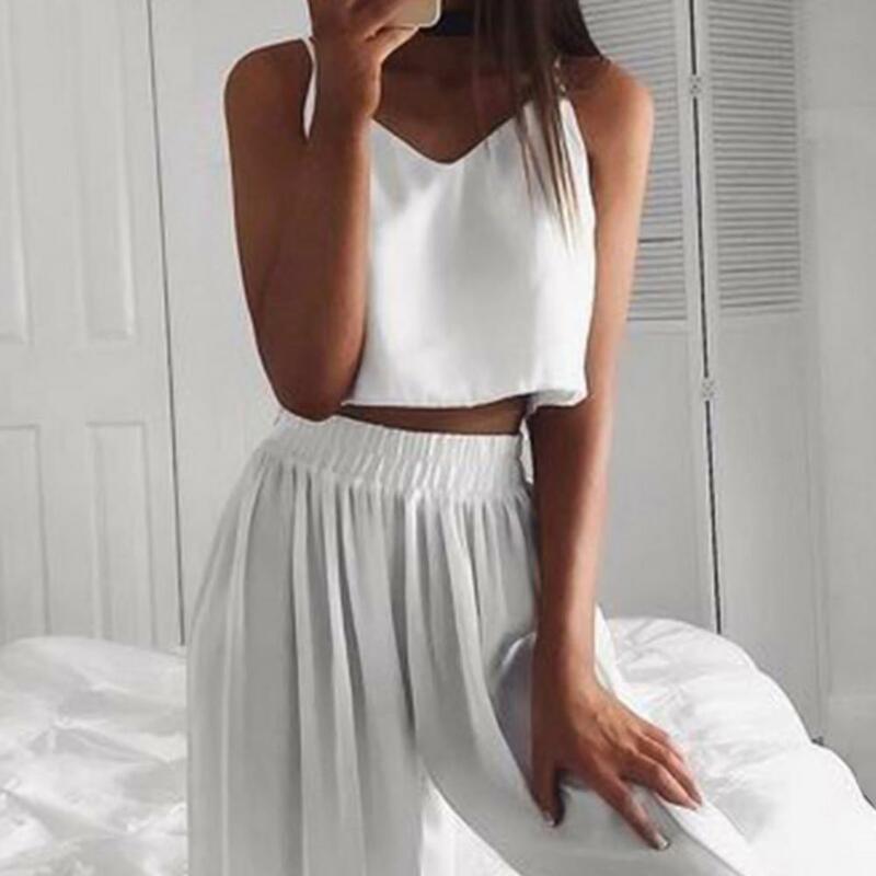 80% Dropshipping!!Women Sleeveless Solid Color Skin-friendly Sling V-neck Top Wide Leg Pants Outfit Tracksuit