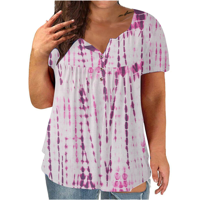 여성 셔츠 블라우스 플러스 사이즈 v-넥 타이다이 프린트 버튼 반팔 티셔츠 블라우스, 팜므 블라우스, 페미 니나 스트리트웨어