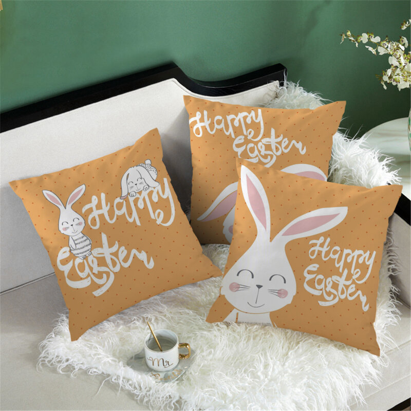 Fuwatacchi Happy Easter Decorative Cushion Cover Rabbit Eggs Print Pillowcase Bunny Easter Party Decoration Supplies Favor Gift