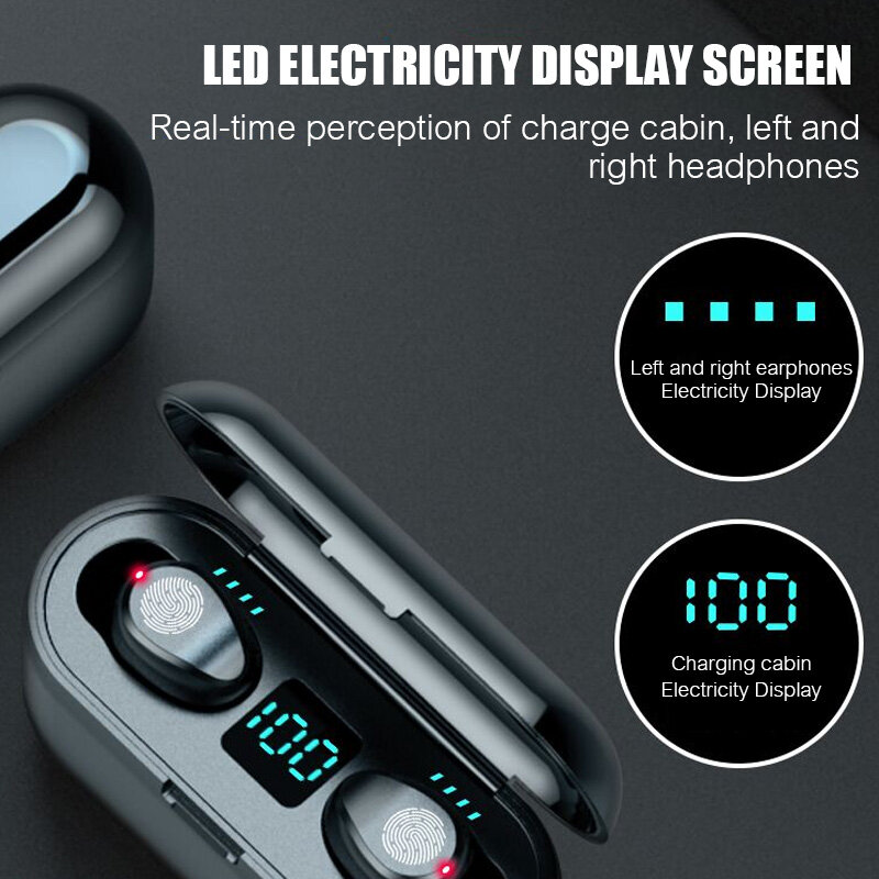 Auriculares inalámbricos F9 TWS con Bluetooth V5.0, dispositivo de audio táctil con pantalla LED, caja de carga de 2000mAh, Auriculares deportivos HD ESTÉREO
