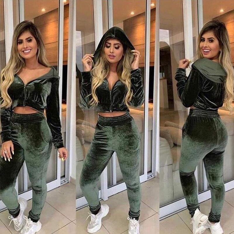 Women Velvet 2 Two Piece Set Tracksuit Velor Smooth Soft Home Suit Women Fitness Set Outfit for Women moda 2020