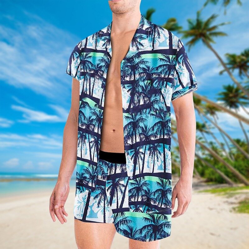 2021 pantaloncini da uomo estivi set Streetwear stampa camicia da spiaggia manica corta da uomo bottone hawaiano tuta Casual abiti a due pezzi