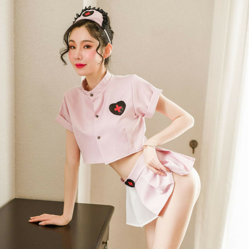 Ropa de noche nueva erótico Perspectiva de lencería Sexy Top corto falda enfermera uniforme tentación traje