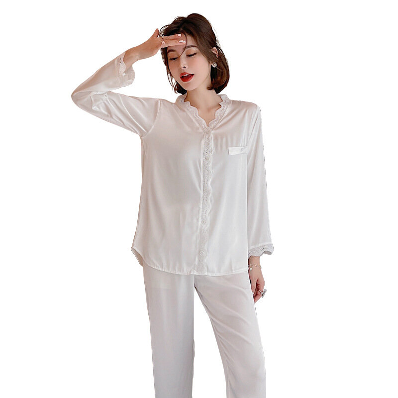 새로운 가을 레이스 섹시한 시뮬레이션 실크 잠옷 여성 스위트 홈 서비스 그물 레드 투피스 슈트