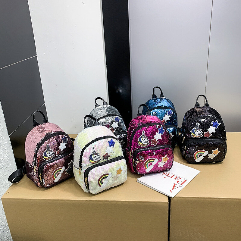 귀여운 스팽글 유니콘 배낭, 만화 인쇄 십대 소녀 캐주얼 학교 가방, 작은 더블 숄더 백, 여성 여행 배낭