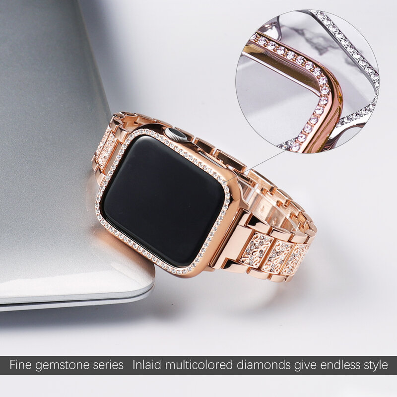 Bracelet + boîtier diamant pour Apple Watch série 654321 Se, en acier inoxydable, pour iwatch, accessoires