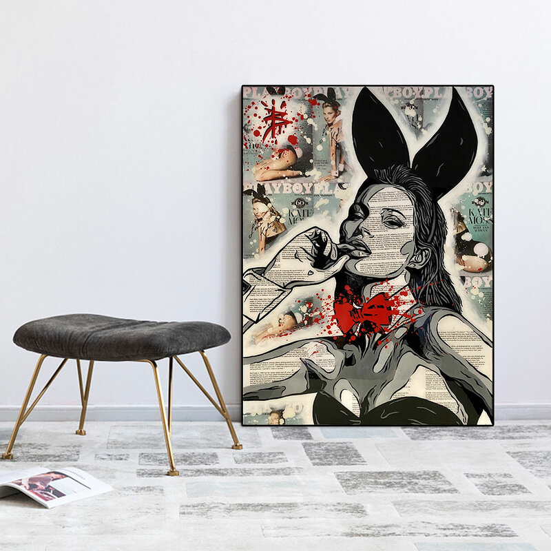 البوب الفن امرأة جميلة الأرنب فتاة المشارك طباعة على قماش اللوحة ديكور المنزل جدار صورة فنية لغرفة المعيشة بدون إطار