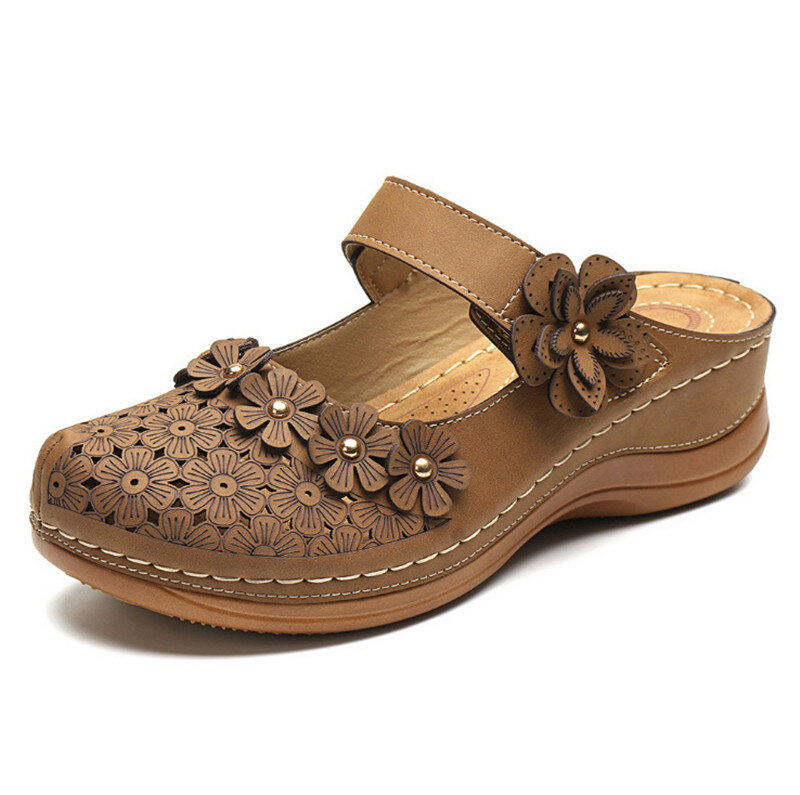 JESSIC  Summer Wedge Sandals Flower Vintage Closed Toe Adjustable Hook Loop Wedges Women Lazy Hole Shoes Platform Sandal