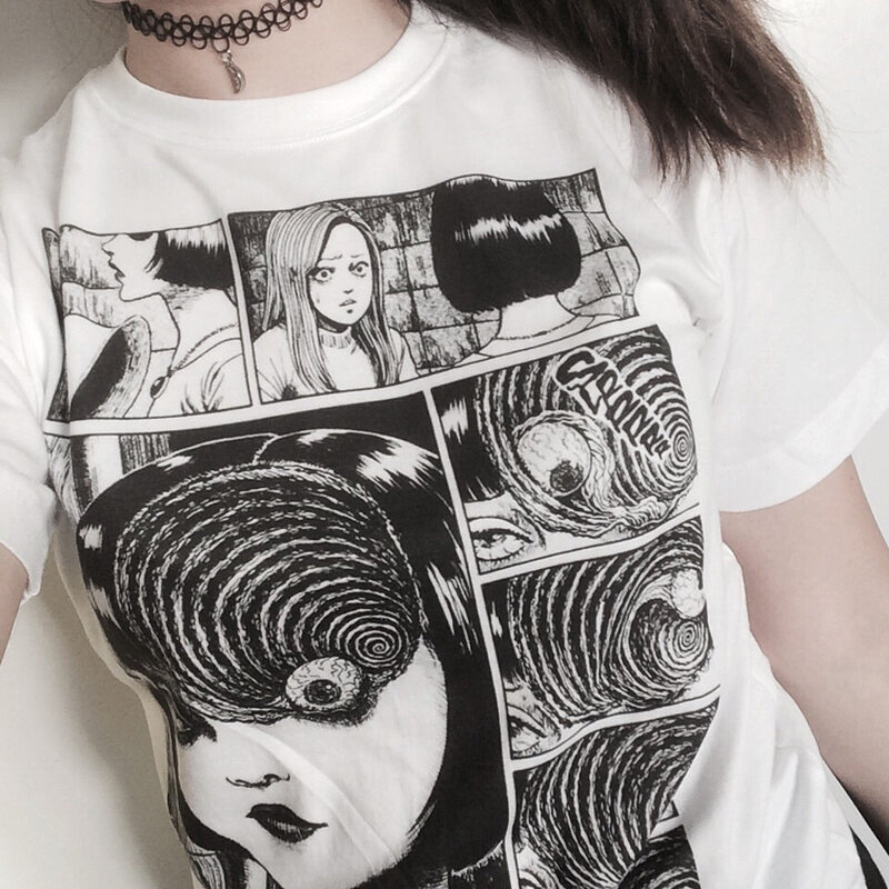 Putih Tees Junji Ito Horor Manga Uzumaki T-shirt Atasan Wanita Grunge Estetika Anime Tee Hipster Gaya Harajuku T Shirt
