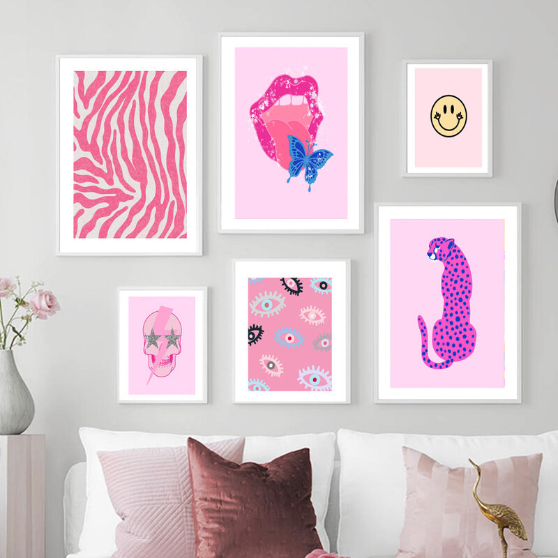 Pink Leopard Cheetah Wall Home Decor Preppy Bed Room Art Print Poster Modern Smile Lips Eyes Canvas Painting Dorm Wall Pictures