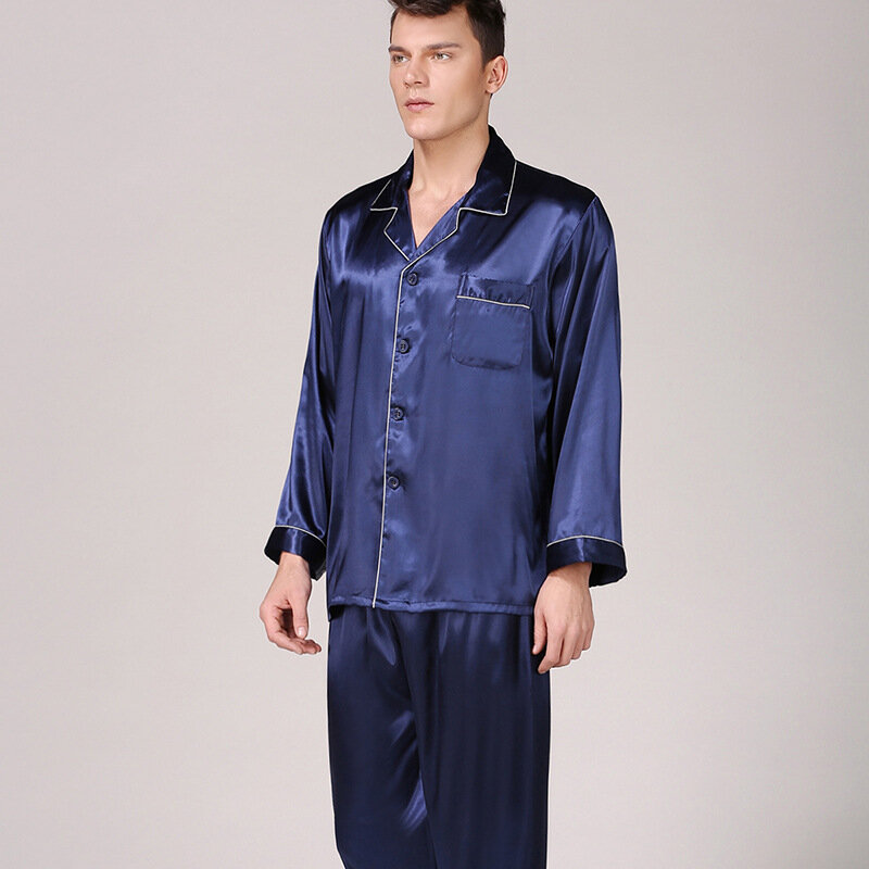 Pyjama en soie satiné à manches longues pour homme, ensemble traditionnel solide