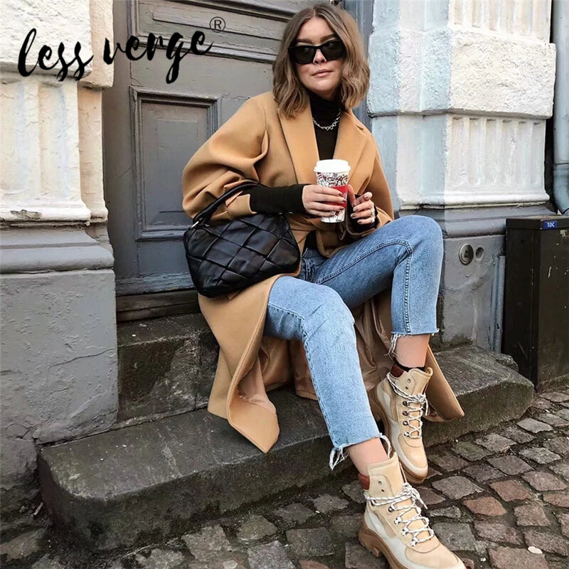 Lessverge Women Jacket Coat Worsted Single Breasted Solid Color Trench Chic Female Long Style Waist Belt Casual High Street