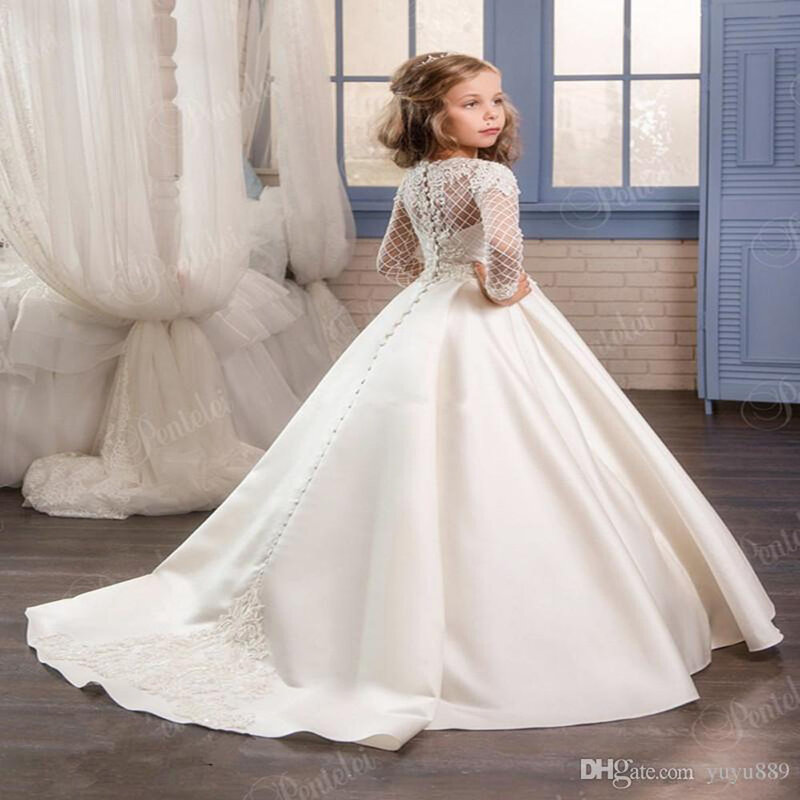 Girls Pageant Gowns Flower Girls Dresses for Wedding Formal Wear Champagne Kids Princess Dress Bow Girl Birthday Party Gowns