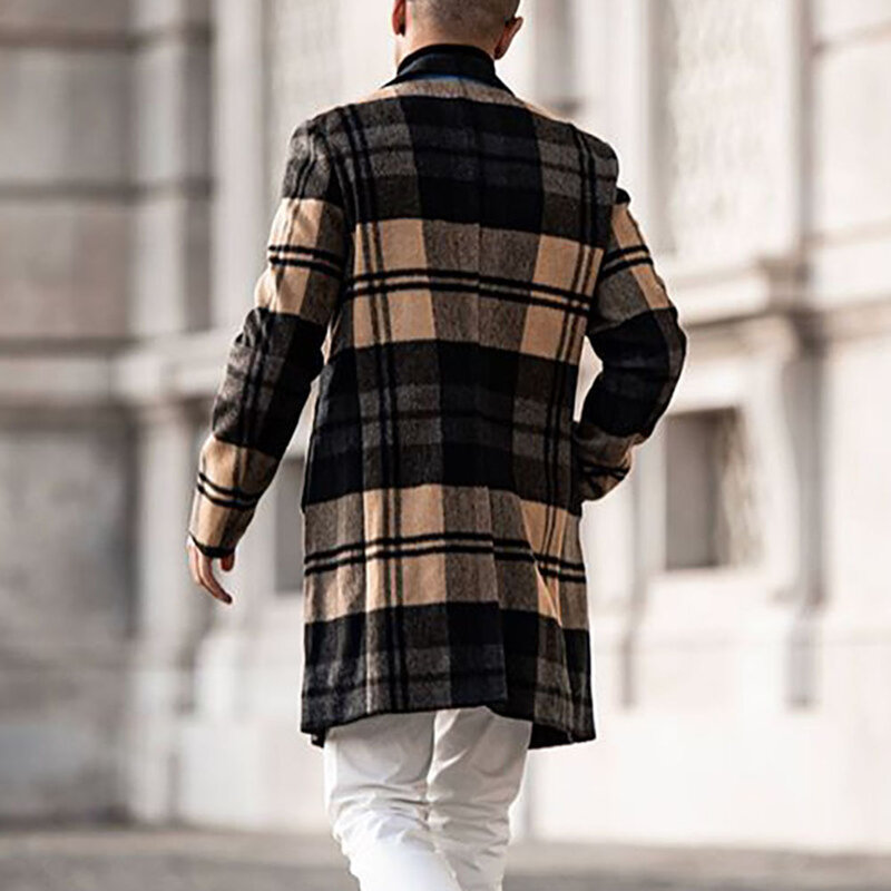 Мужское шерстяное пальто в западном стиле, повседневное шерстяное пальто в клетку с длинными рукавами и отложным воротником, Осень-зима 2021
