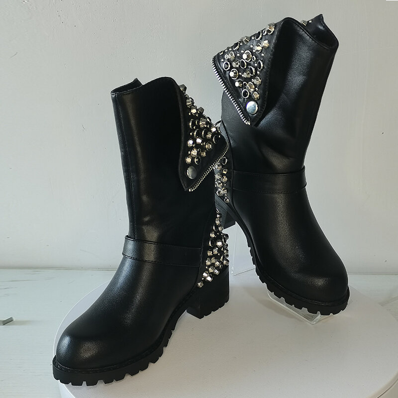 Bottines en cuir naturel pour femmes, chaussures d'hiver, grande taille 22-27.9cm, rivets métalliques décorés avec des bottes courtes et velours