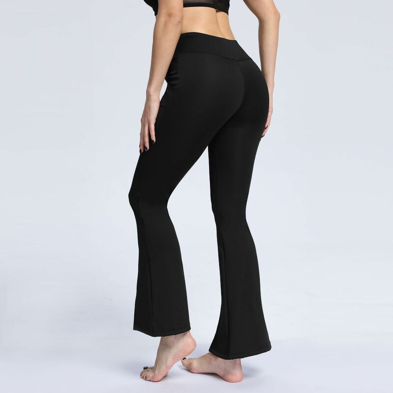 Pantalon de Yoga noir pour femmes, avec poches, à jambes larges, taille haute, Slim, Sport, loisirs, danse, Fitness